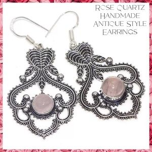 Unique Rose Quartz Gemstone Handmade Antique Style Halo Earrings